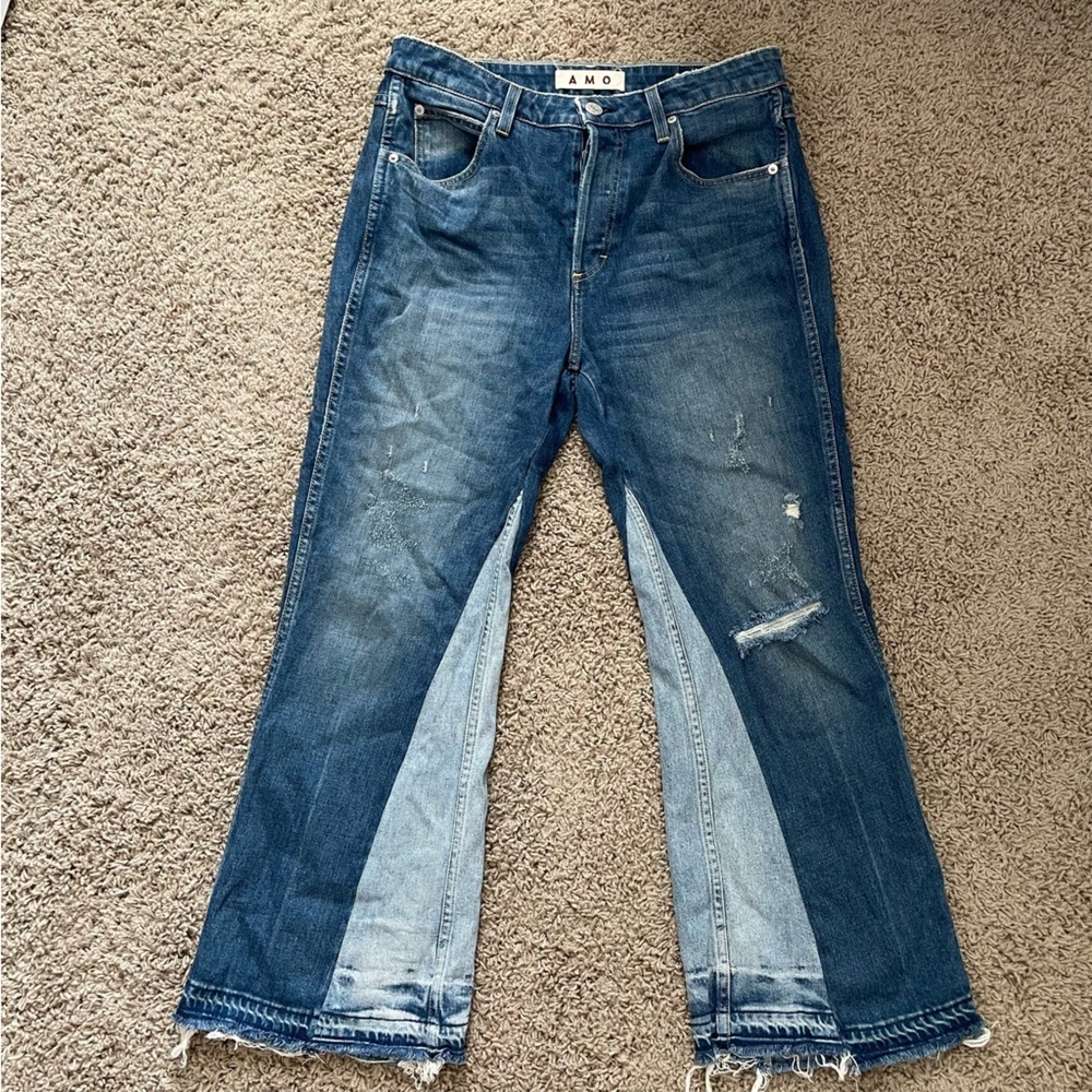 AMO babe jean in dive bar destroy distressed colorblock panel boot flare size 31